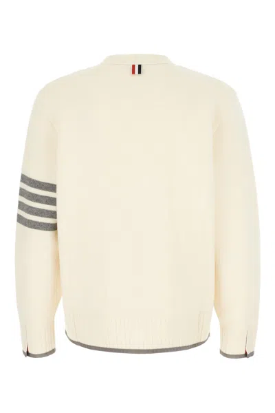 Thom Browne Wool Cardigan With Striped Sleeve Detail In Neutral