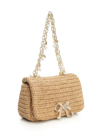 Self-portrait Self Portrait 'raffia Bow Charm' Shoulder Bag In Gold