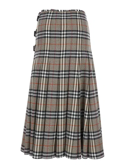 Burberry Beige Midi Skirt With Side Buckle Closure And All-over Check Motif In Wool Woman In Gray