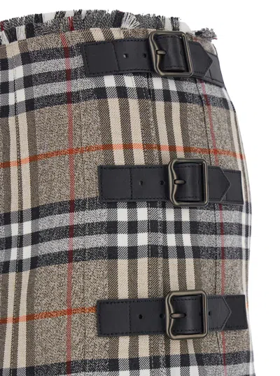 Burberry Beige Midi Skirt With Side Buckle Closure And All-over Check Motif In Wool Woman In Gray
