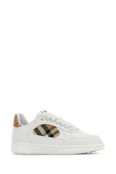 Burberry White Leather Sneaker Terrace And Check In Yellow