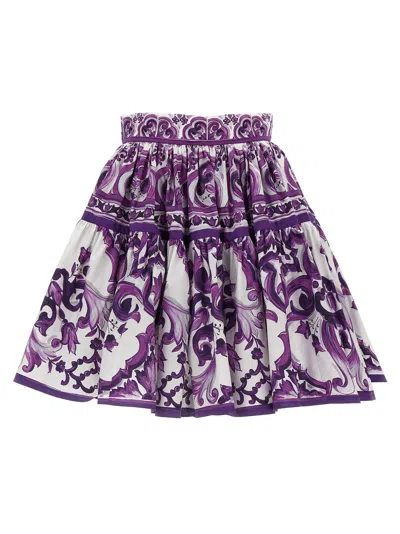 Dolce & Gabbana Violet Pleated Miniskirt With Rear Zip Closure And All-over Graphic Print In Cotton Woman In Pink