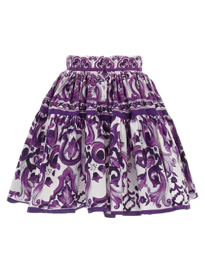 Dolce & Gabbana Violet Pleated Miniskirt With Rear Zip Closure And All-over Graphic Print In Cotton Woman In Pink