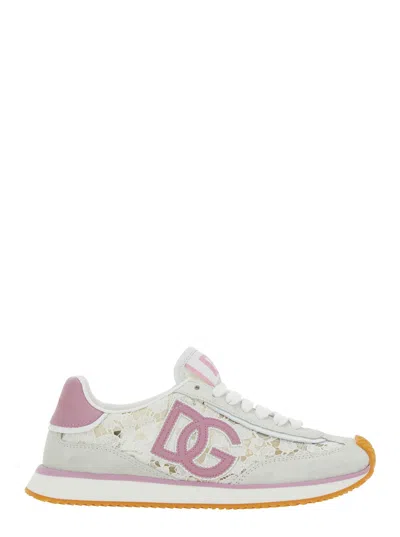 Dolce & Gabbana White Low Top With Lace Details And Dg Patch On The Side In Fabric And Suede Blend Woman In Multi