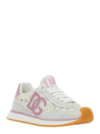 Dolce & Gabbana White Low Top With Lace Details And Dg Patch On The Side In Fabric And Suede Blend Woman In Multi