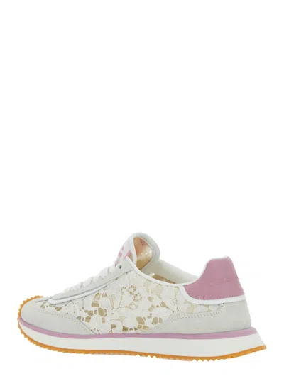 Dolce & Gabbana White Low Top With Lace Details And Dg Patch On The Side In Fabric And Suede Blend Woman In Multi