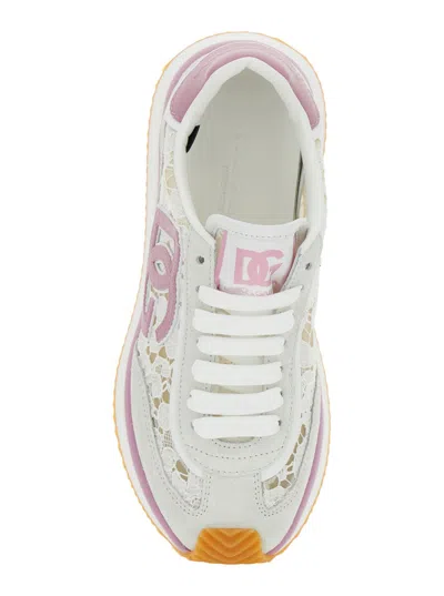 Dolce & Gabbana White Low Top With Lace Details And Dg Patch On The Side In Fabric And Suede Blend Woman In Multi