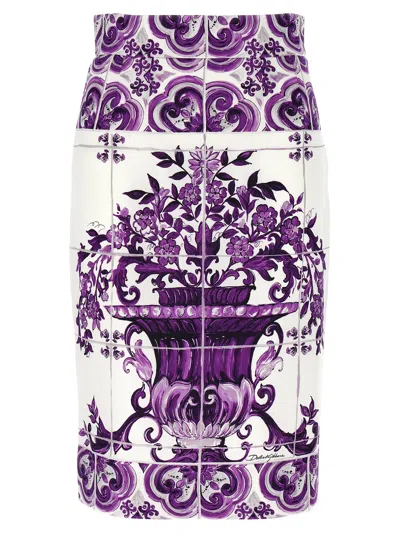 Dolce & Gabbana Maiolica Print Stretch Silk Skirt In Purple