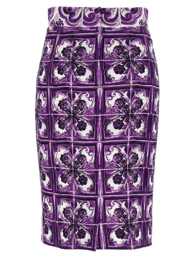 Dolce & Gabbana Maiolica Print Stretch Silk Skirt In Purple