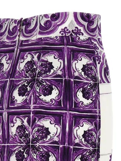 Dolce & Gabbana Maiolica Print Stretch Silk Skirt In Purple