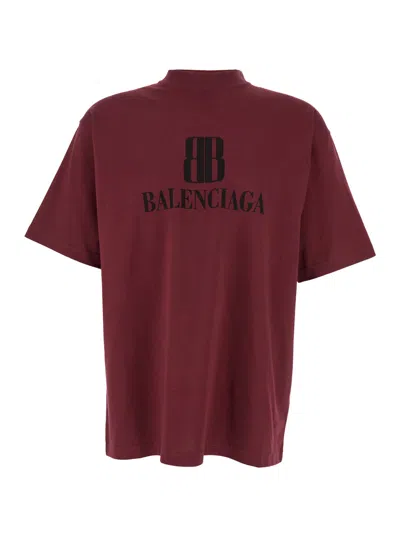 Balenciaga Bordeaux Crewneck T-shirt With Logo Print On The Front In Cotton Man