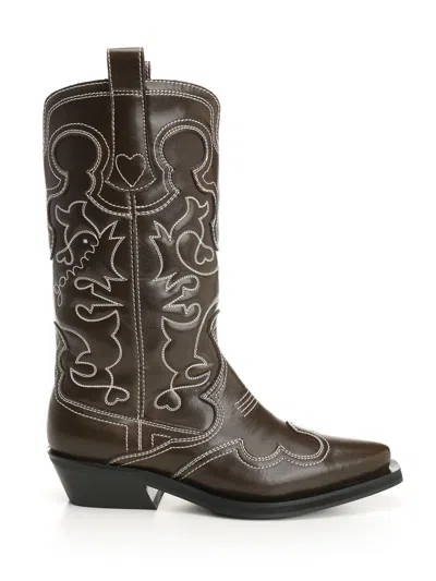 Ganni Mid Shaft Embroidered Western Boot Oleatex Boots Black In Black