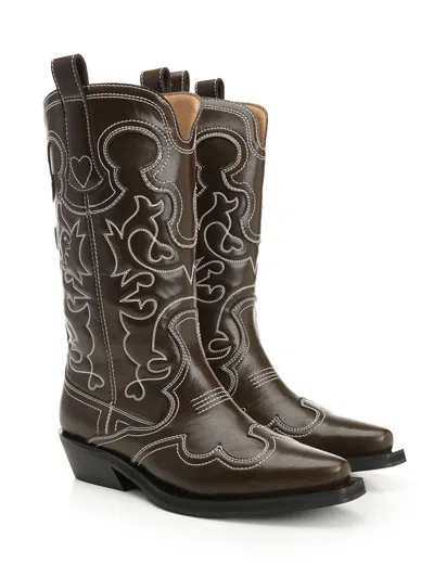 Ganni Mid Shaft Embroidered Western Boot Oleatex Boots Black In Black