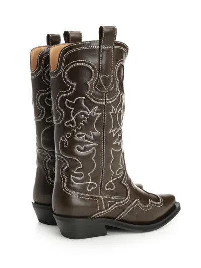 Ganni Mid Shaft Embroidered Western Boot Oleatex Boots Black In Black