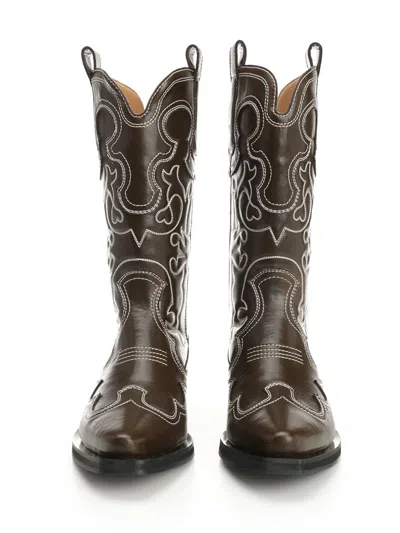Ganni Mid Shaft Embroidered Western Boot Oleatex Boots Black In Black