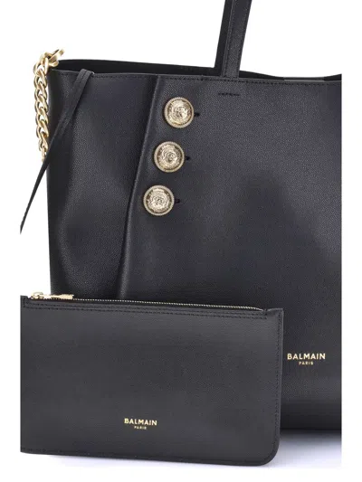 Balmain 'embleme' Black Tote Bag With Embossed Logo Lettering On The Front And Jewel Buttons On The Front In