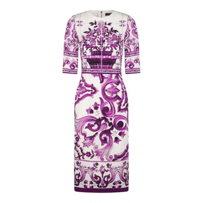Dolce & Gabbana Violet Crewneck Dress With Rear Zip Closure And All-over Floral Print In Silk Stretch Woman In Purple