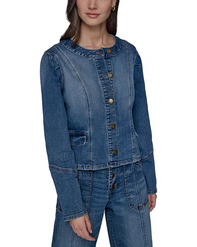 Karl Lagerfeld Petite Crewneck Button-front Denim Jacket In Blue