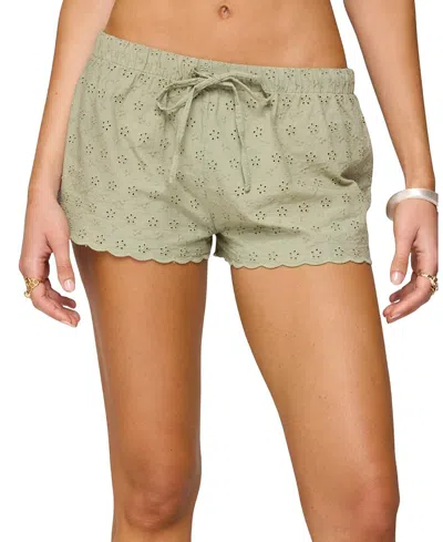 Edikted Talula Cotton Eyelet Tie Waist Shorts In Green