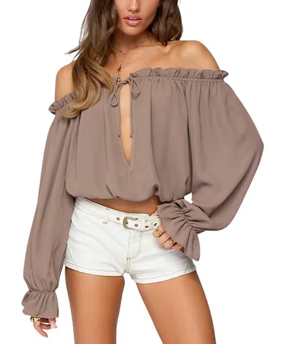 Edikted Juna Off The Shoulder Ruffle Chiffon Top In Gray