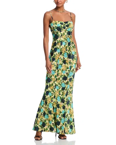 Saloni Renee Long Floral Silk Spaghetti-strap Dress In Green