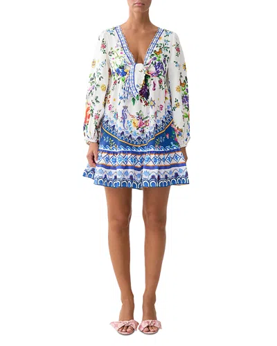 Camilla Tie Front Blouson Sleeve Mini Dress In Blue