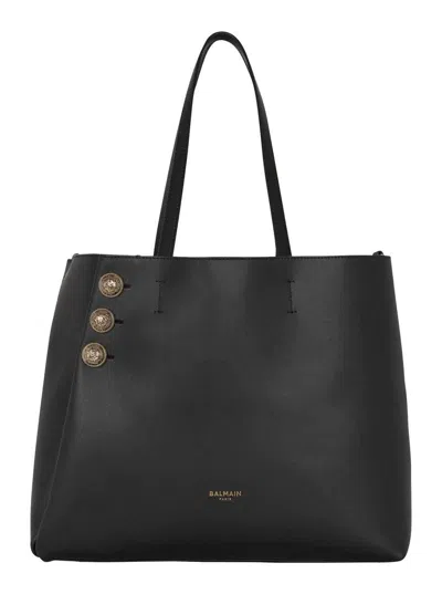 Balmain 'embleme' Black Tote Bag With Embossed Logo Lettering On The Front And Jewel Buttons On The Front