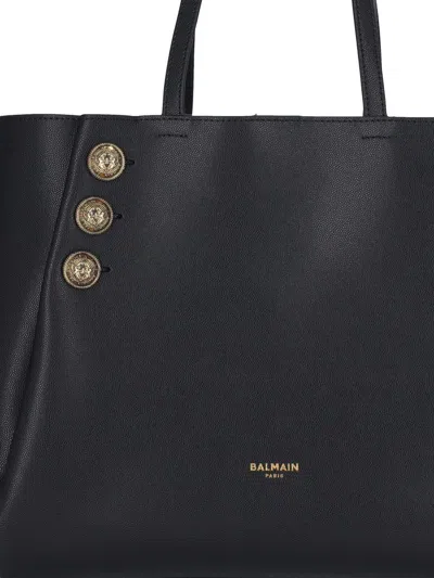 Balmain 'embleme' Black Tote Bag With Embossed Logo Lettering On The Front And Jewel Buttons On The Front