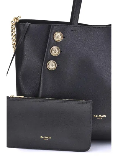 Balmain 'embleme' Black Tote Bag With Embossed Logo Lettering On The Front And Jewel Buttons On The Front