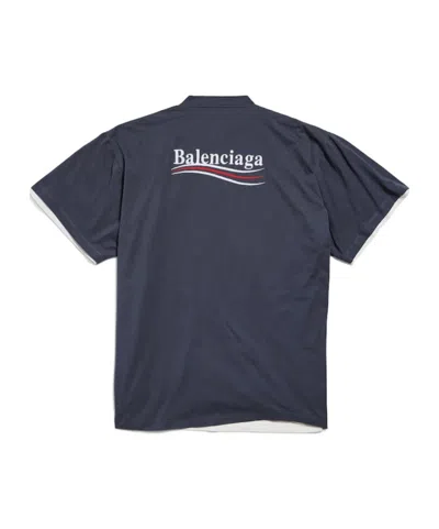Balenciaga Men Graphite Cotton Oversize T-shirt In Blue