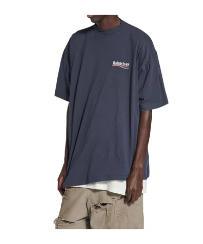 Balenciaga Men Graphite Cotton Oversize T-shirt In Blue