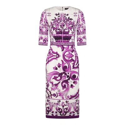 Dolce & Gabbana Violet Crewneck Dress With Rear Zip Closure And All-over Floral Print In Silk Stretch Woman In Purple