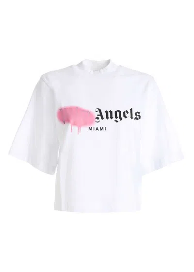 Pre-owned Palm Angels Womens Miami Sprayed Logo Cropped T-shirt In White