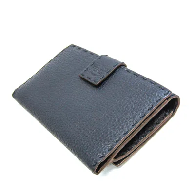Pre-owned Fendi Selleria Navy Leather Long Wallet (tri-fold) ()