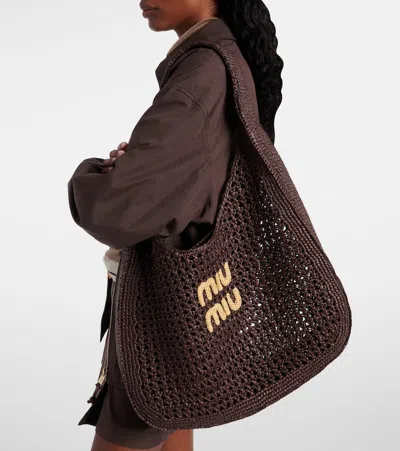 Miu Miu Logo Embroidery Raffia-effect Shopper