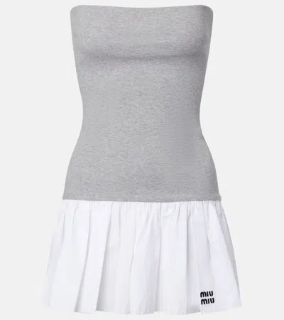 Miu Miu Pleated Jersey And Poplin Skirt In Gray