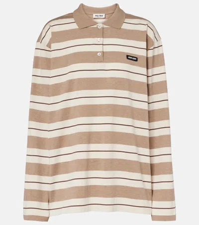 Miu Miu Logo Striped Cotton Jersey Polo Shirt In Multi