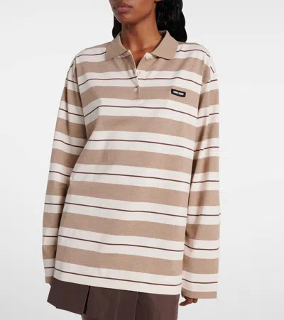Miu Miu Logo Striped Cotton Jersey Polo Shirt In Multi