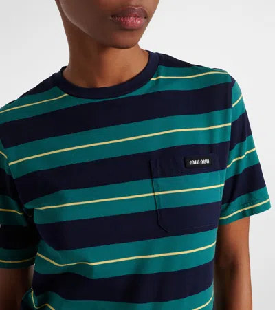 Miu Miu T-shirt Aderente In Cotone A Righe In Blue