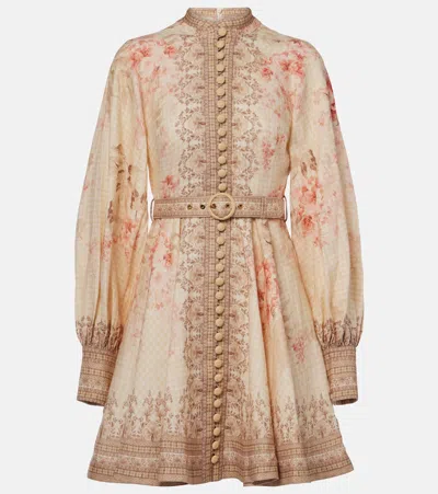 Zimmermann Illuminate Beige Mini Dress With Belted Waist And All-over Floral Print In Linen Woman