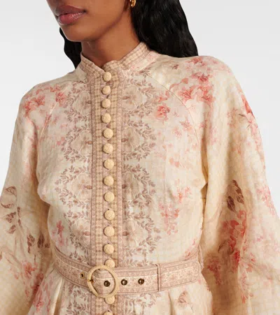 Zimmermann Illuminate Beige Mini Dress With Belted Waist And All-over Floral Print In Linen Woman