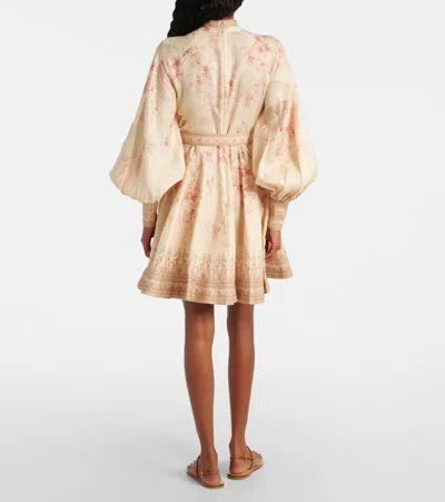 Zimmermann Illuminate Beige Mini Dress With Belted Waist And All-over Floral Print In Linen Woman