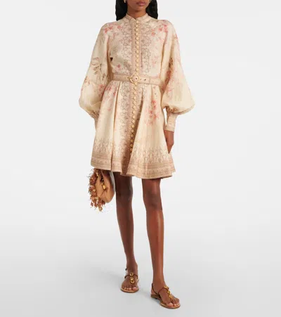 Zimmermann Illuminate Beige Mini Dress With Belted Waist And All-over Floral Print In Linen Woman
