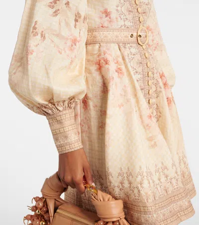 Zimmermann Illuminate Beige Mini Dress With Belted Waist And All-over Floral Print In Linen Woman
