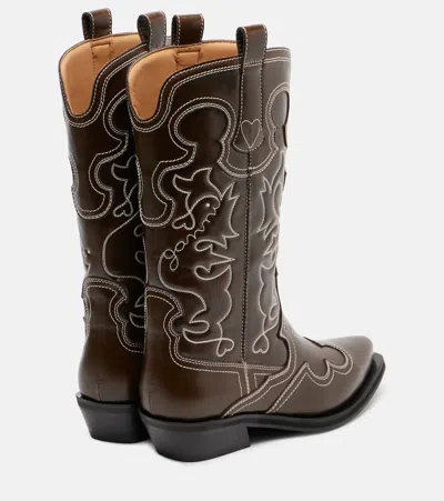 Ganni Mid Shaft Embroidered Western Boot Oleatex Boots Black