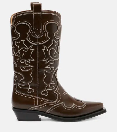 Ganni Mid Shaft Embroidered Western Boot Oleatex Boots Black