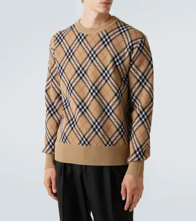 Burberry Check-pattern Wool Crew Neck Sweater Clothing In Multi