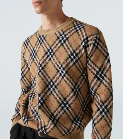 Burberry Check-pattern Wool Crew Neck Sweater Clothing In Multi
