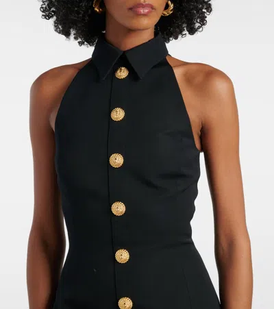 Balmain Black Dress With Pointed Collar And Logo Buttons On The Front