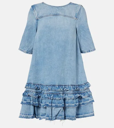 Ganni Ruffled Denim Minidress In Blue